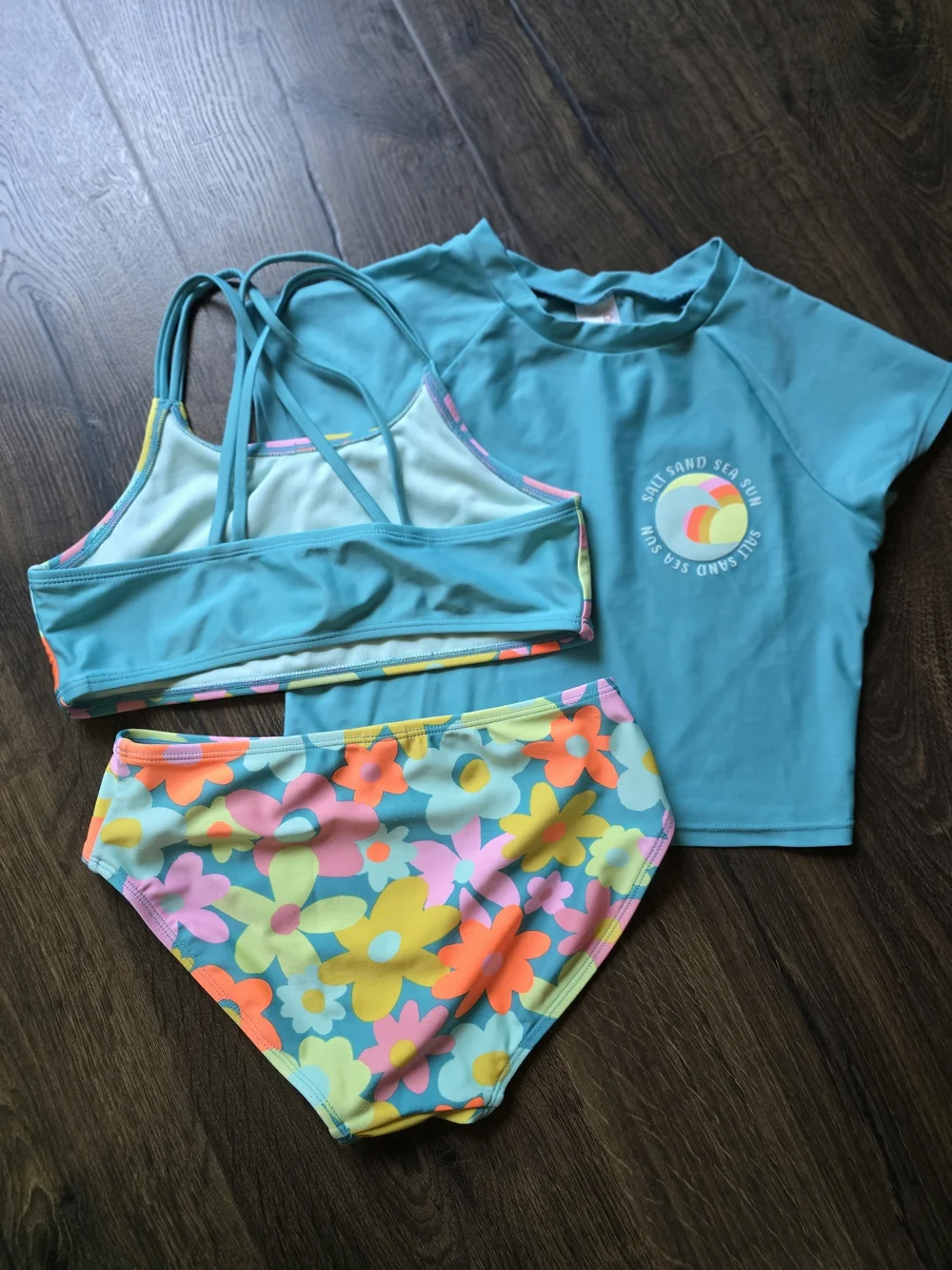 Girls Floral Three-Piece Swimsuit Set with Teal Rash Guard